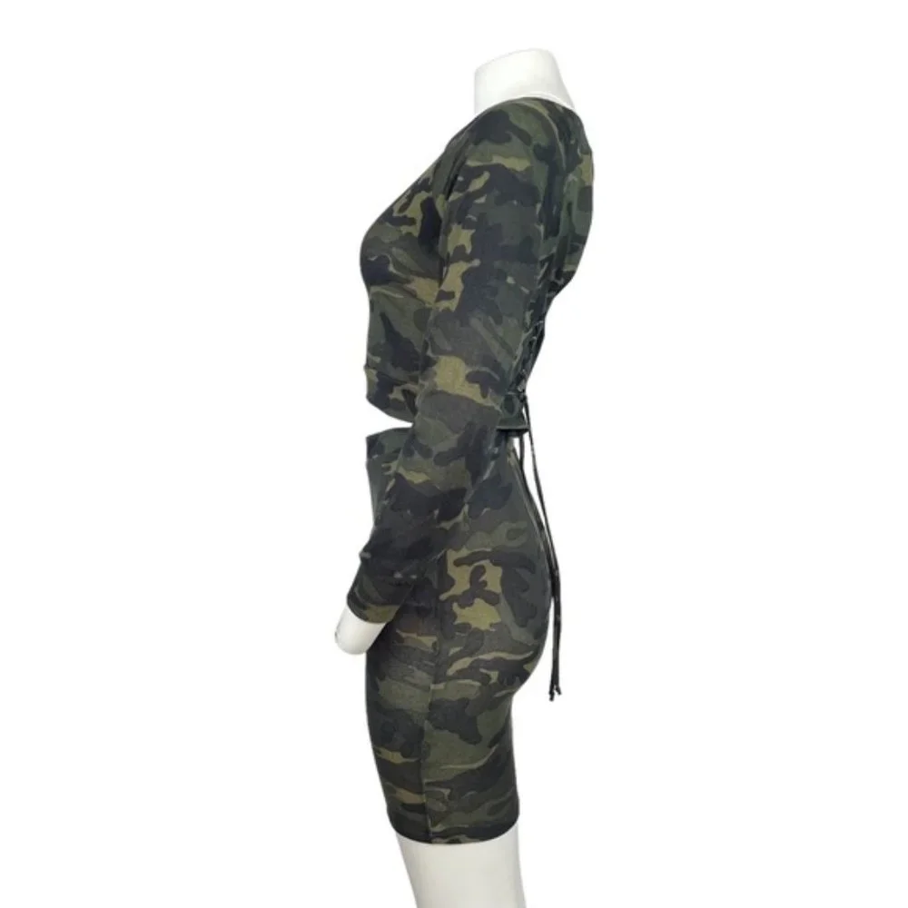 Camo Crop Top and Mini Skirt Set Olive Green - Picture 3 of 3